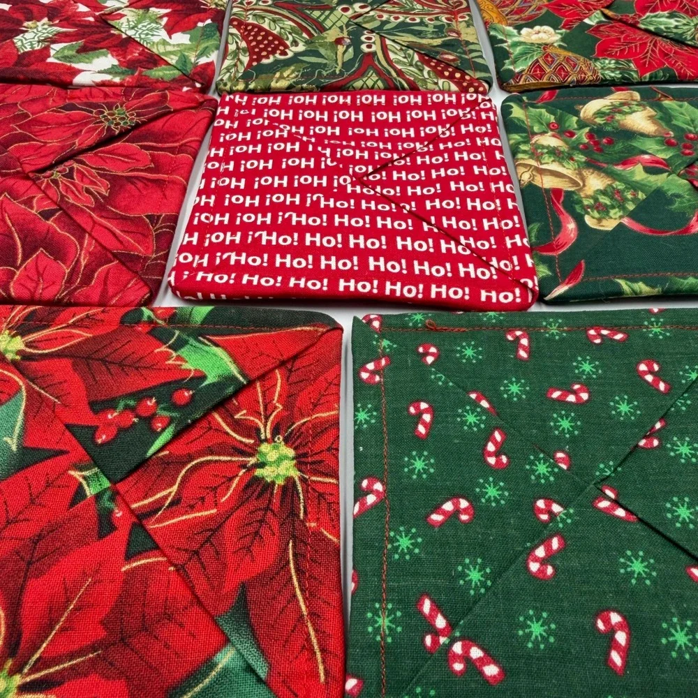 Christmas Fabric Coasters Set of 8 Handmade Quilted Poinsettia Holiday Custom